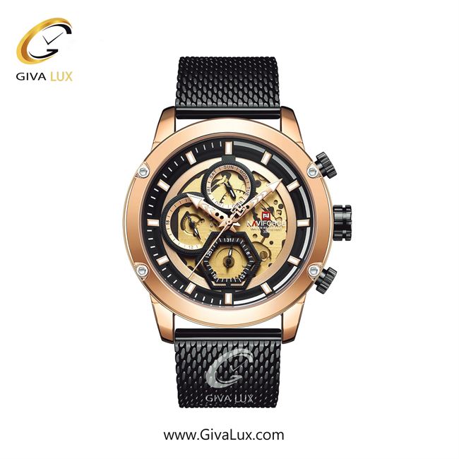 ساعت مچی اورجینال مردانه ناوی فورس|Naviforce|نوی فورس|نیوی فورس سه موتوره فول تایم رزگلد | مشکی| رزگلد-طلایی-مشکی| کد رفرنس NF9167 RG/B